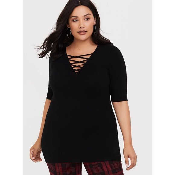 Torrid SZ 3 EUC BLACK LATTICE SHORT SLEEVE SWEATER - Picture 1 of 6